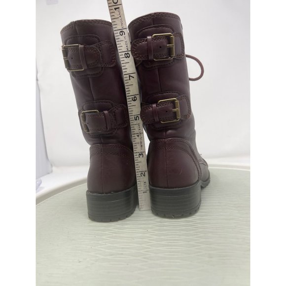 Soda Lace Up Combat Motorcycle Riding Boots Women 5 Buckle Burgundy Red Military - Picture 4 of 8